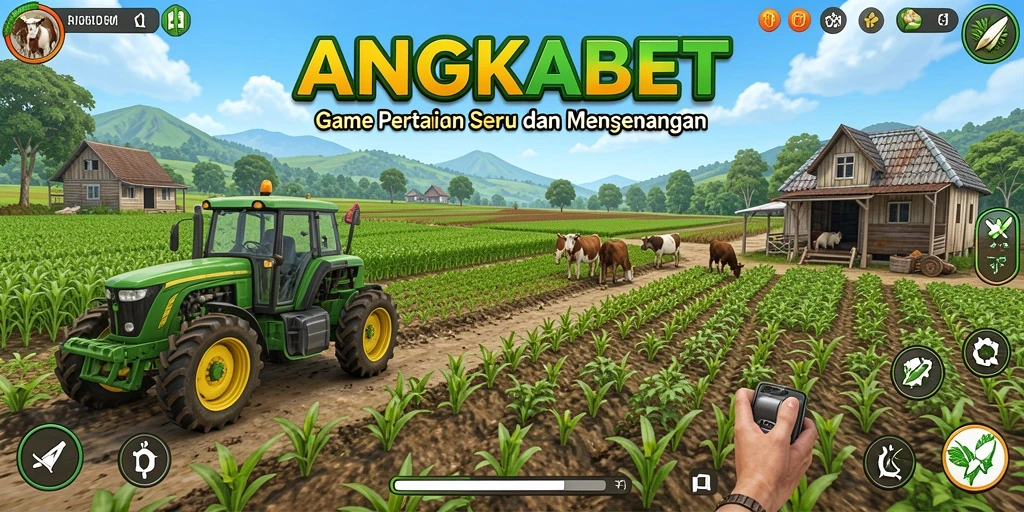 Tampilan gameplay ANGKABET dengan ladang hijau subur dan hewan ternak.