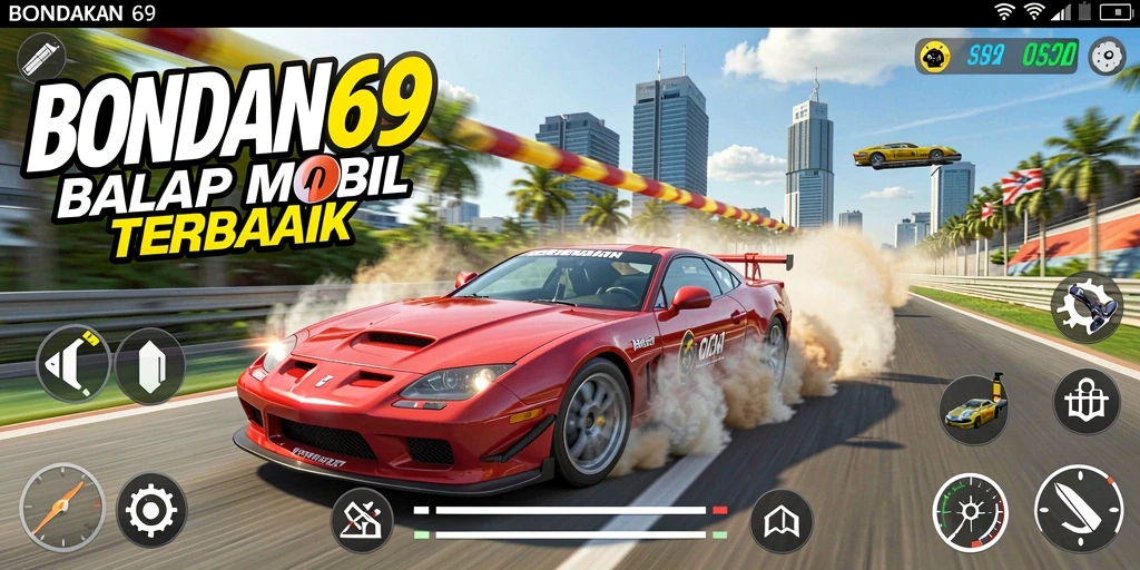 Screenshot utama BONDAN69 menampilkan aksi balapan mobil yang seru.