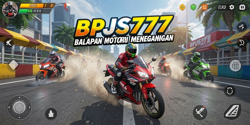 Tampilan gameplay BPJS777 dengan sepeda motor balap di trek yang menantang.