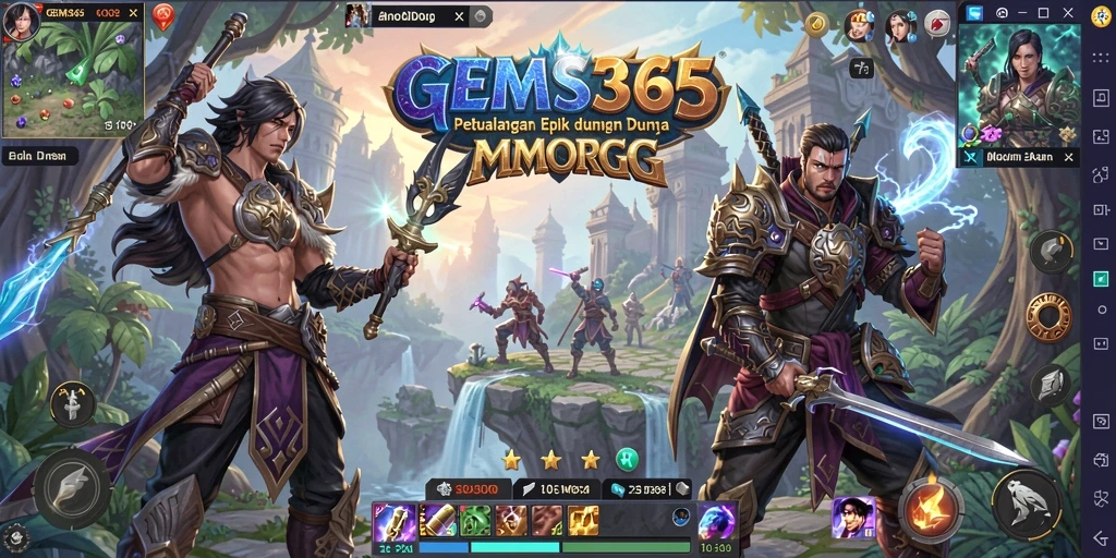 Tangkapan layar GEMS365 menampilkan pertempuran epik pemain dengan monster di dunia MMORPG.