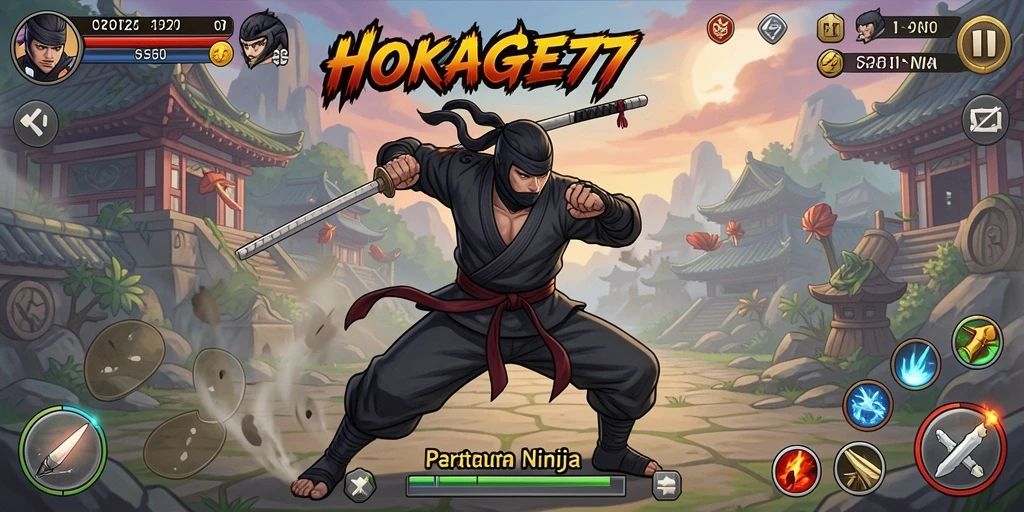 Tangkapan layar gameplay seru HOKAGE77 dengan aksi pertempuran ninja.