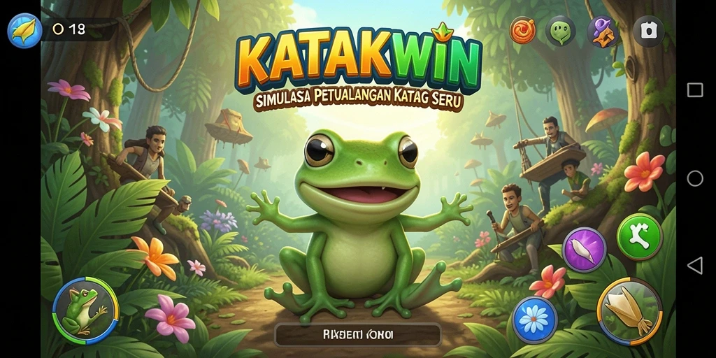 Tangkapan layar utama KATAKWIN menampilkan gameplay seru dengan katak lucu.