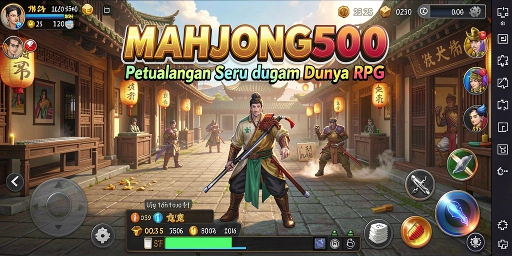 Tampilan gameplay MAHJONG500 dengan karakter dan lingkungan RPG yang menakjubkan.