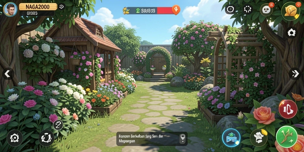 Screenshot gameplay NAGA2000 menunjukkan lahan pertanian yang subur dan tanaman yang siap dipanen.