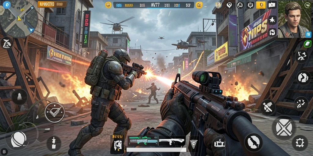 Gameplay NV77 yang mendebarkan dengan aksi tembak-menembak intens.