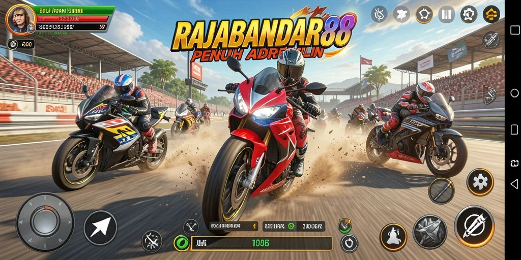 Tampilan utama gameplay RAJABANDAR88 dalam balapan motor seru.