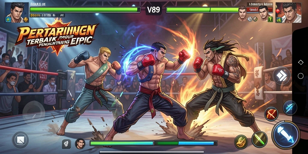 Tampilan gameplay V89 dengan karakter bertarung secara dinamis.