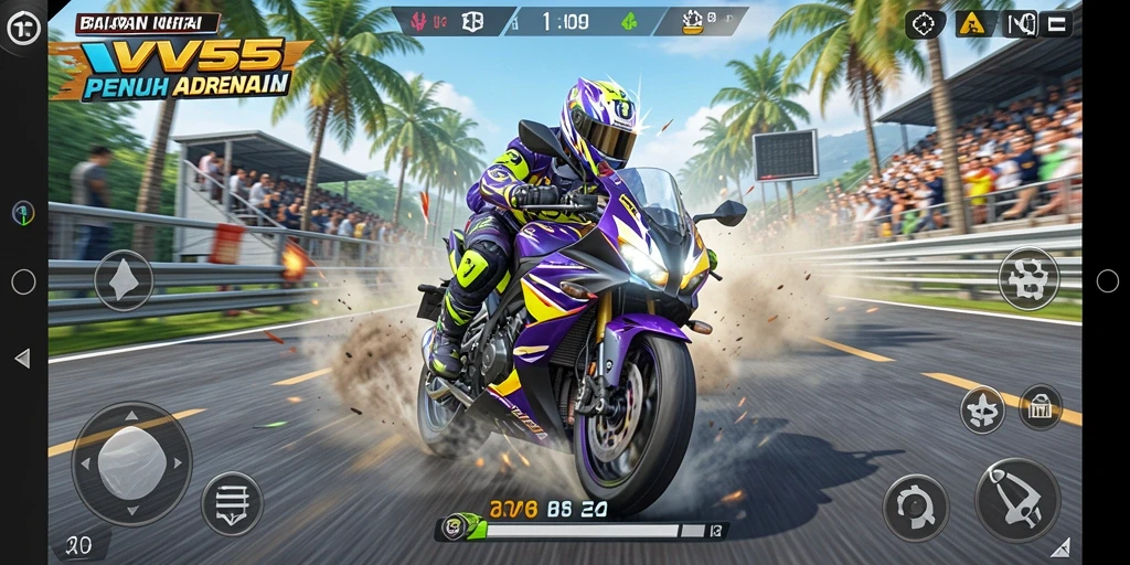 Screenshot gameplay VV55 menampilkan balapan motor yang intens dan menarik.